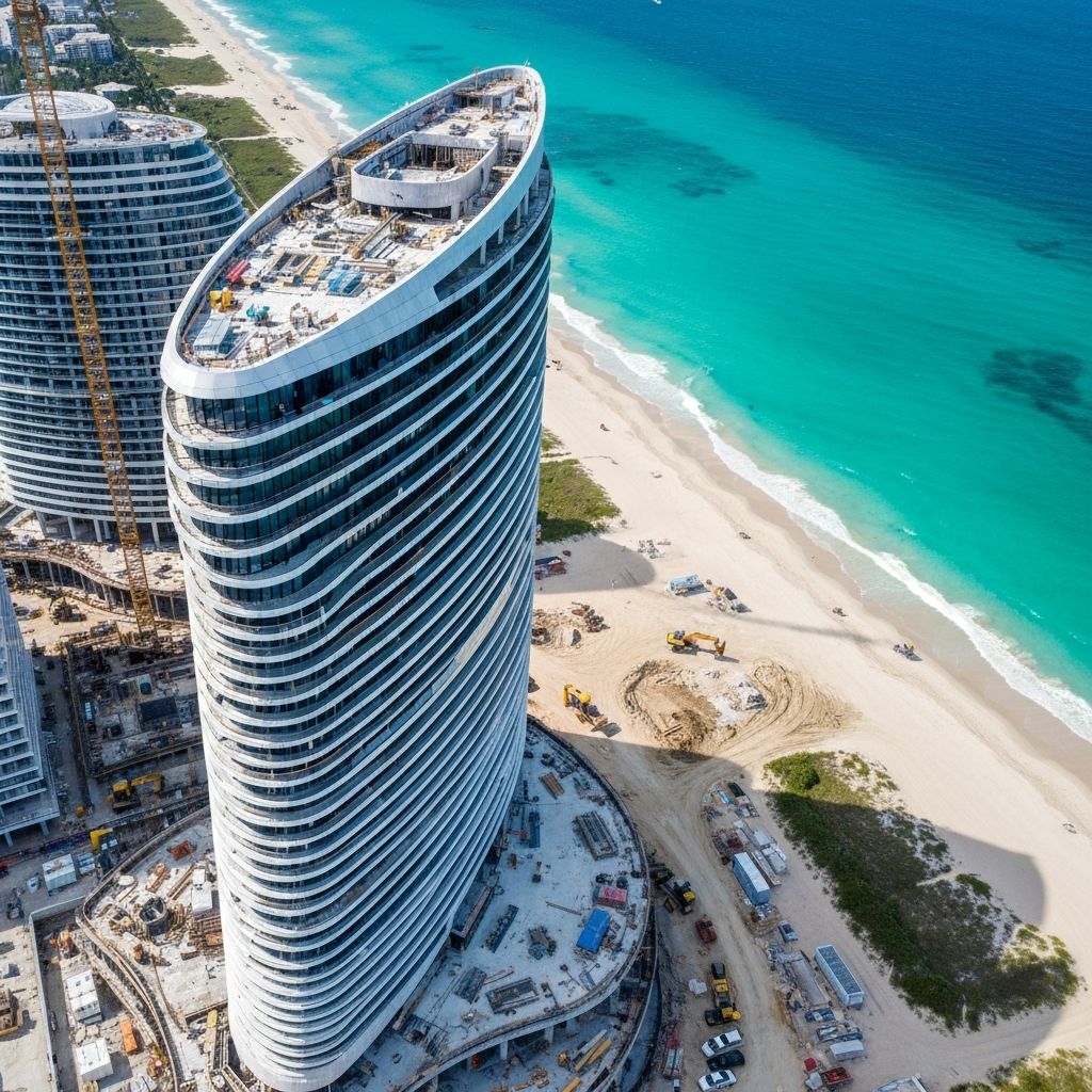 Curved luxury tower under construction on beachfront