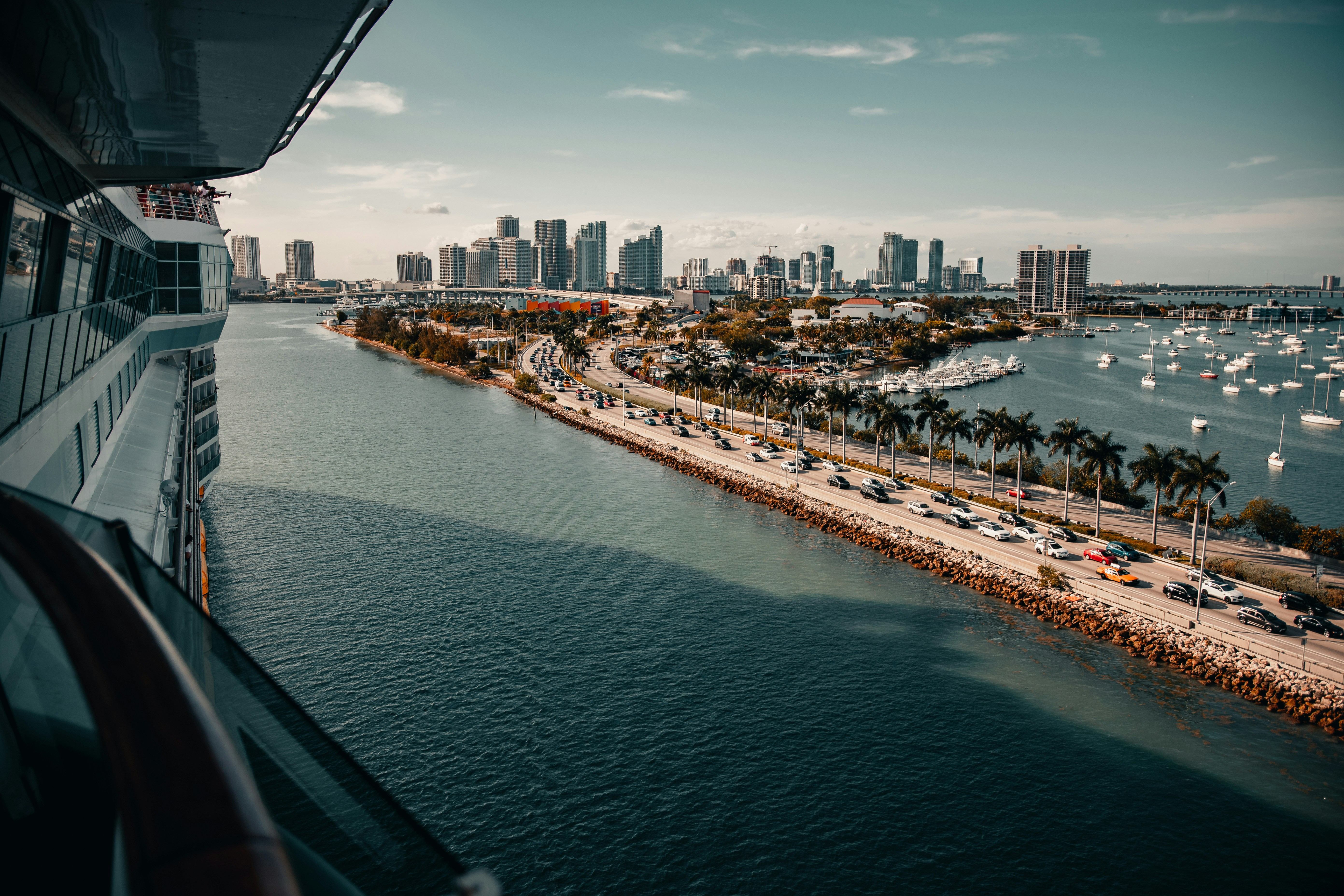View from a cruise ship of the MacArthur Causeway, marina, and Miami skyline
